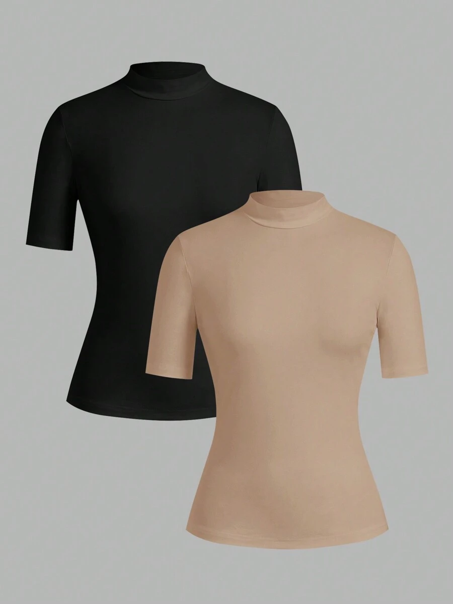 SHEIN EZwear 2 件套黑色和卡其色女式修身高领长袖打底上衣套装，适合夏季