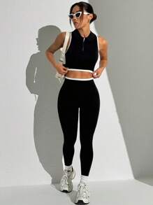 Seamluxe SHEIN Sport Conjunto deportivo para mujeres de top sin mangas con cierre delantero de unicolor y pantalones largos - Conjunto deportivo para mujeres - Conjunto de mallas para mujeres