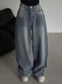 DAZY Women Front Button Pocket Simple Casual Straight Leg Jeans,Baggy Jeans - Medium Wash - View 2