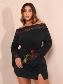 SHEIN BAE Bodys de mujer talla grande con encaje en parches, asimétrico, hombros descubiertos, manga larga, adecuado para citas, Navidad, Día de San Valentín