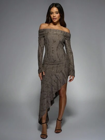 MISSGUIDED Distressed Asymmetric Frill Split Hem Long Sleeves Bardot Maxi  DressMISSGUIDED