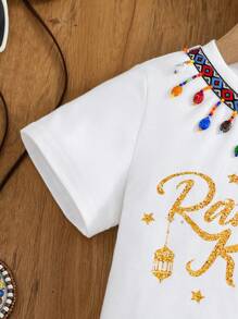 女孩休闲圆领字母印花短袖 T 恤 - 白色 - 查看 4