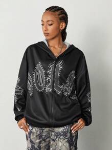 Coolane Women's Streetwear Fashionable Letter Print Black Hoodie Sweatshirt