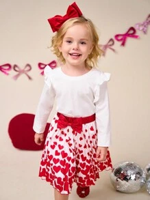 SHEIN Váy bé gái in hình trái tim đỏ và nơ trang trí, thích hợp mặc đi làm và dự tiệc Valentine. - Đỏ - Xem 5