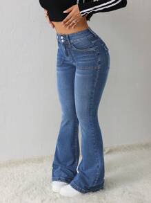 SHEIN Tall Damen Jeans Lässig Skinny Stretch Schlaghose - Mittele Waschung - Übersicht 3