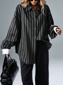 Aveloria Affinna Vintage Casual Versatile Random Contrast Striped Cuff & Color Block Design Loose Blouse, Women Spring Valentine's Day Fall Cloth For Women