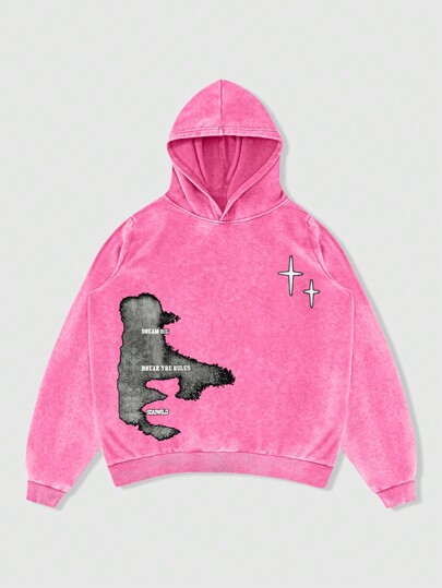 Street Life Men's Long Sleeve Letter Print Minimalist Pink Hoodie, Casual Daily Wear