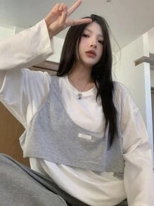 DAZY Women Casual Round Neck Loose 2 In 1 Long Sleeve T-Shirt