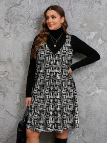 SHEIN LUNE Plus Size Casual Minimalist Thick Strap Graphic Print Beach Cover Up Dress - Multicolor - View 3