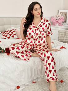SHEIN 大码人造丝红色爱心印花短袖前开襟睡衣套装 - 杏色 - 查看 5