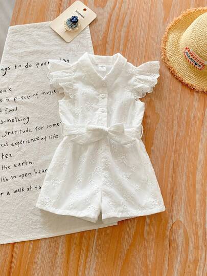 SHEIN LMoss Kids 女婴夏季可爱白色花卉刺绣连体衣