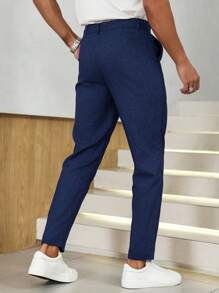 Manfinity Homme 男士纯色口袋直筒休闲商务西装裤 - 藏蓝色 - 查看 2