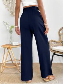 SHEIN PETITE Màu thuần Thắt lưng túi giấy Quần ống rộng Với Túi xéo - Màu xanh lam - Xem 2