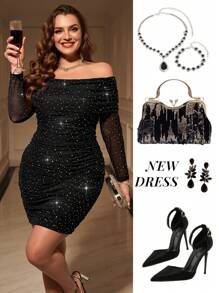 SHEIN Clasi Vestido tejido con cadera ajustada, hombro descubierto, manga larga y malla brillante para mujer talla grande y curvilínea. Adecuado para fiestas de invitados, bailes, salir, navidad, fiesta de fin de año y cumpleaños.