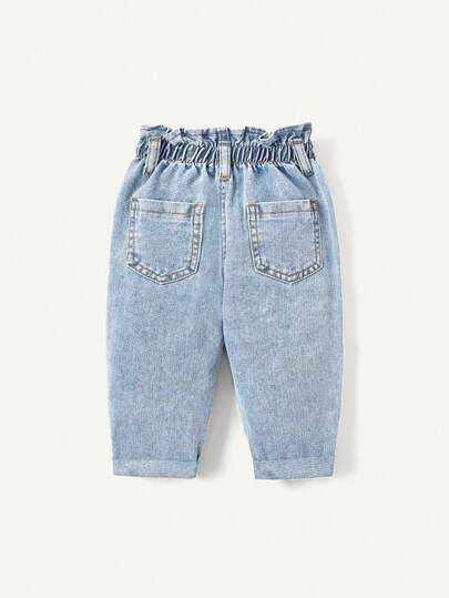 Cozy Pixies Baby Girls' Summer Boho Cute Ruffle Waist Baggy Soft Denim Jeans Pants With Rolled Up Hem