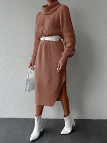 EURMUSE Women High Neck Raglan Sleeve Solid Color Elegant Sweater Dress, Autumn/Winter - Rusty Rose - View 4