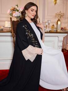 Al Najma 大码女式纯色长袖蕾丝雪纺阿拉伯长袍 Abaya，优雅奢华晚会风格，朴素