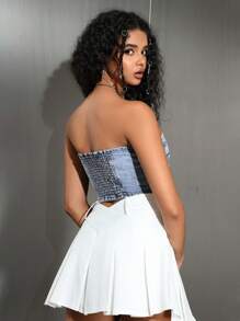 SHEIN EZwear Women's Fashionable Snap Closure Design Denim Tube Top - Blue - View 3