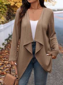 SHEIN LUNE Plus Size Winter Fashion Asymmetric Collar Design Long Knit Cardigan For Going Out And Work Fall Autumn - Khaki - View 6