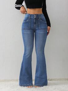SHEIN Tall Damen Jeans Lässig Skinny Stretch Schlaghose - Mittele Waschung - Übersicht 2