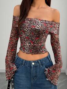 SHEIN EZwear Leopard Print Mesh Off Shoulder Casual Top For Women, Minimalist Fashion, Suitable For Daily Wear