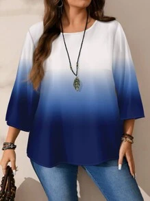 EMERY ROSE Áo sơ mi cổ tròn in họa tiết ombre rộng rãi tay 3/4 cho nữ cỡ lớn - Màu xanh lam - Xem 6