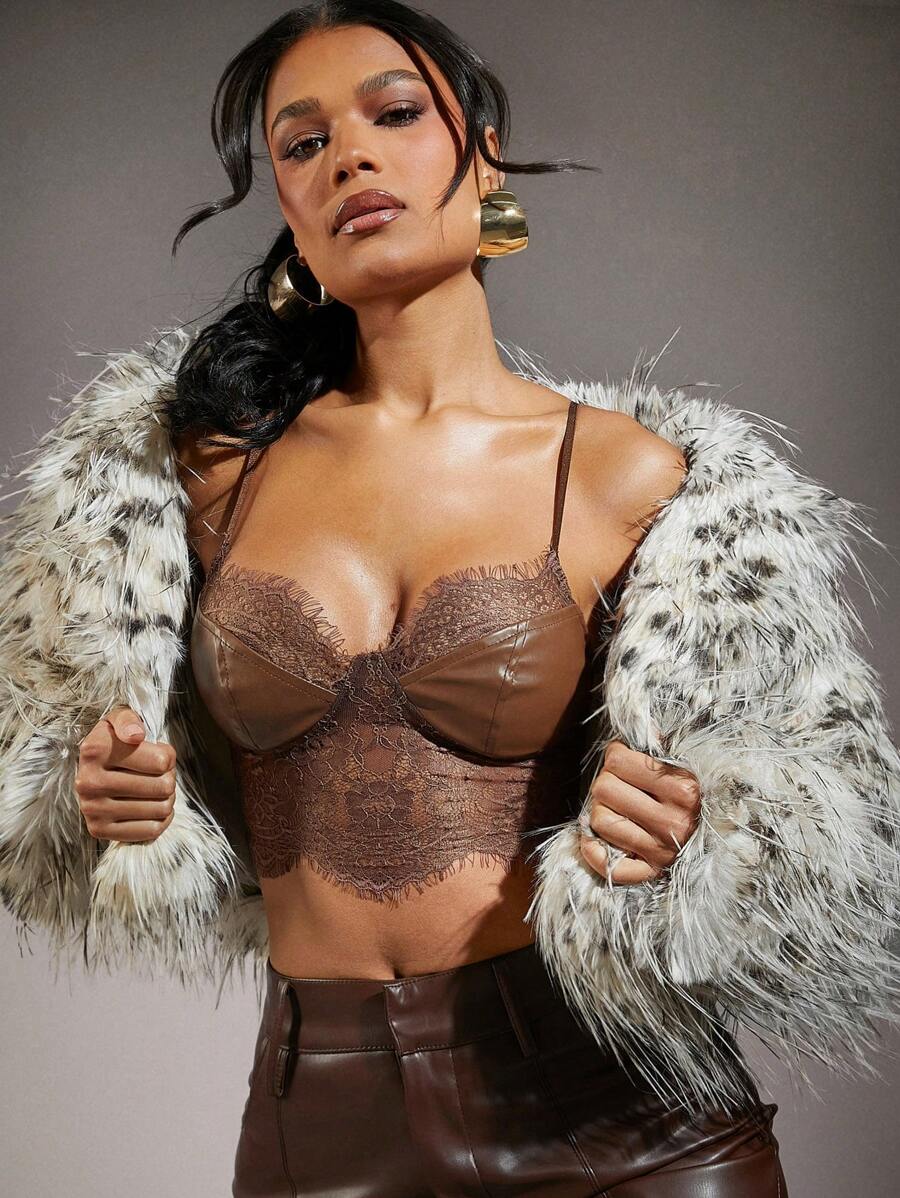 Hauture PU Leather Bust Lace Cami Corset Top - Coffee Brown - View 1