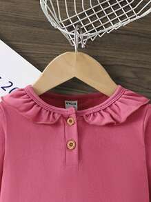 SHEIN Baby Girl Classic Bottom Ruffled Doll Shirt Long Sleeves, Details Open Button Processing, Autumn And Winter Light Fashion Wear - Burgundy - View 5