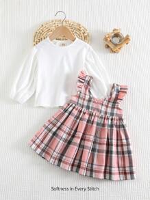 Cozy Pixies Conjunto de 2 piezas para niña bebé con blusa de manga larga con volante en cuello y vestido sin mangas a cuadros - Rosa - Ver 4