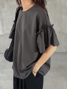 FRIFUL Women's Loose Casual Solid Color Cap Sleeve T-Shirt, Summer,Ruffle