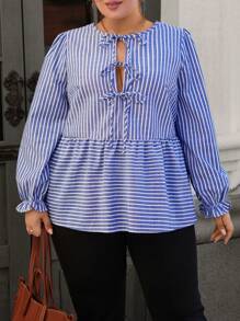 SHEIN Clasi Plus Size Blue Striped Casual Elegant Business Attire Loose Fit Tie Front Bow Decor Blouse - Blue - View 1