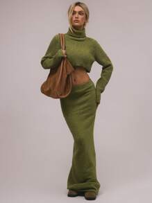 MUSERA Turtleneck Rollover Extreme Crop Jumper Y2k Spring Casual Cute 90's Sun - Army Green - View 1