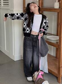 DAZY Tween Girl Drop Shoulder Long Sleeve Color Block Heart Pattern Plaid Cardigan,Back To School Clothes