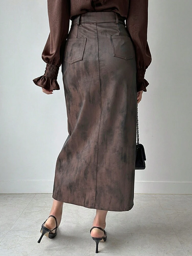Women's PU Leather Floral Print Slim Fit Straight Long Skirt, Suitable For All Seasons Fall Skirts