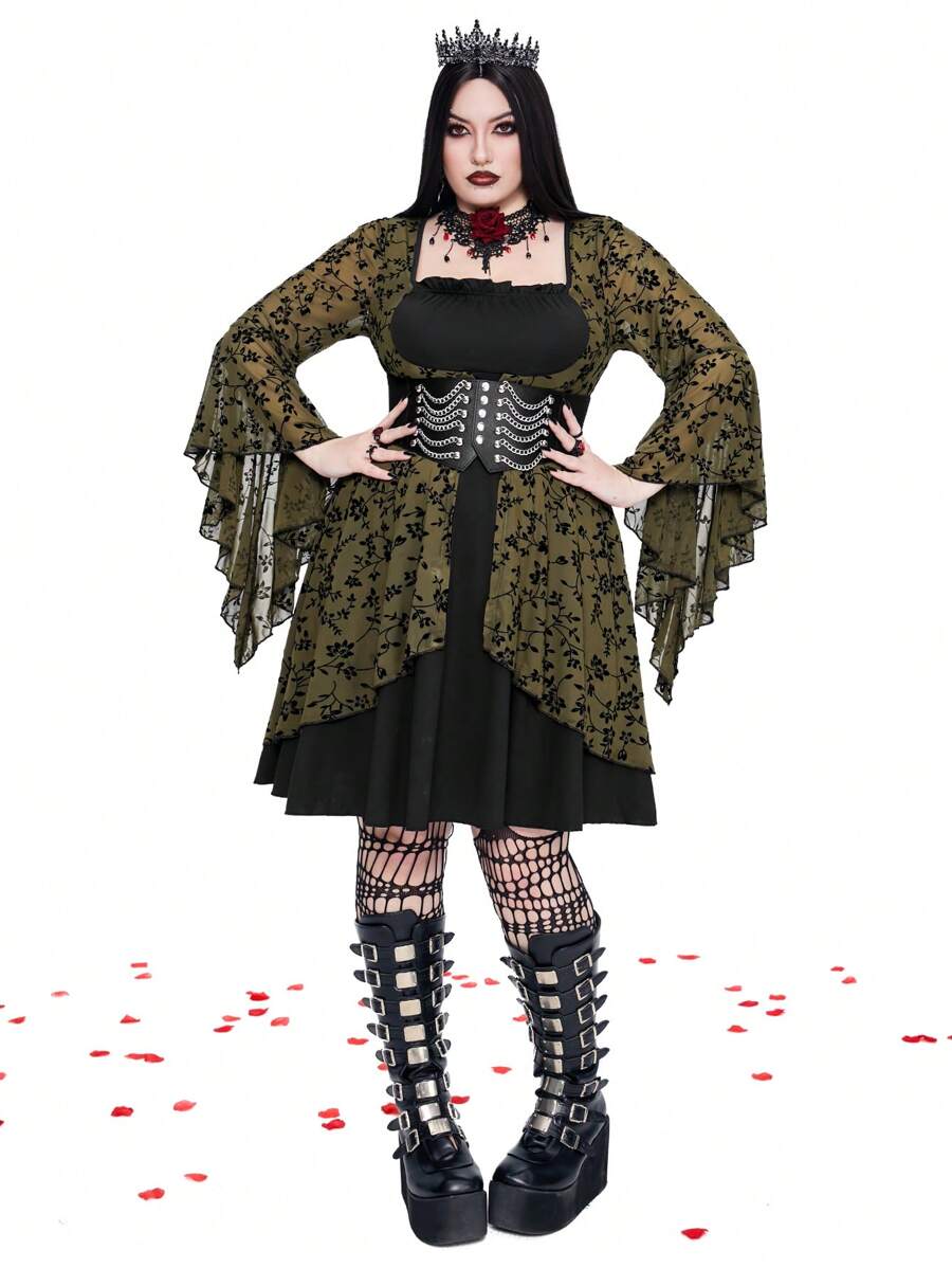 Whyspr Goth Punk Plus Size Solid Color Patchwork Long Sleeve Casual Elegant Dress Goth Women Outfit - Green - View 1