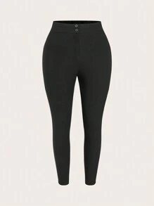 SHEIN ICON Pantaloni casual slim vita alta, con bottoni frontali piani, di taglia grande - Grigio - Visualizzare 1