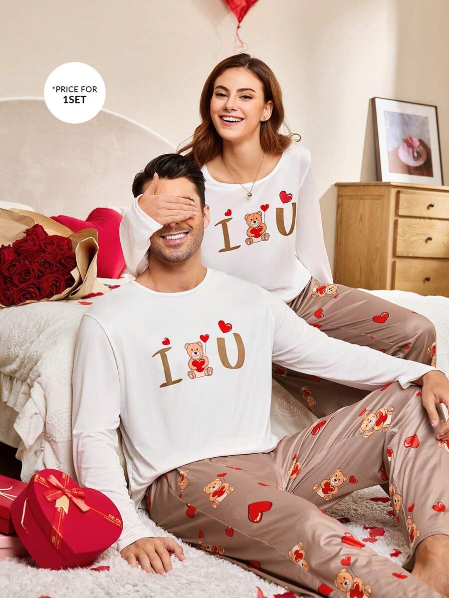 Cute Bear Heart Graphic Men Pajama Set, For Christmas - Multicolor - View 1