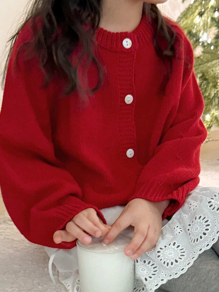 DAZY 年轻女孩纯色前扣长袖休闲上衣，适合秋季、冬季、圣诞节、新年日常穿着 - 紅色 - 查看 1