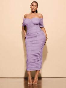 SHEIN BAE 大码女式夏季优雅弹力网眼单肩褶皱中长连衣裙，女士生日礼服