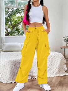 SHEIN EZwear Dopamine Pink Flap Pocket Side Drawstring Waist Cargo Pants - Yellow - View 6