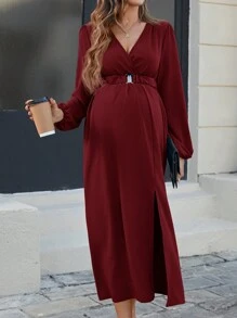 SHEIN Maternity Solid Color Overlap V-Neck Lantern Sleeve Split Hem Elegant Dress