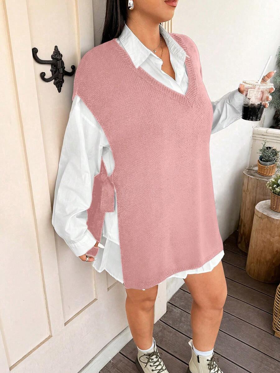 Flirla 大码女式休闲针织上衣，简约时尚，适合日常穿着 - 藕粉色 - 查看 1