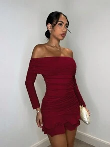 SHEIN BAE Váy ngắn hở vai gợi cảm tay dài xếp nếp lưới màu trơn cho nữ, thanh lịch, ngọt ngào, thích hợp cho các buổi tụ tập trà chiều, đi chơi thời trang, hẹn hò, đi chơi ngọt ngào, đi chơi đêm, tiệc Giáng sinh, đêm giao thừa, trang phục ngày lễ cho phụ nữ, váy dài tay, trang phục gợi cảm cho phụ nữ, trang phục câu lạc bộ cho phụ nữ, váy ngắn tay dài - Màu Đỏ Sâu - Xem 5
