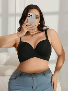 Plus Size Wire-Free Bra, Simple & Fashionable For Casual Daily Wear - Black - View 1