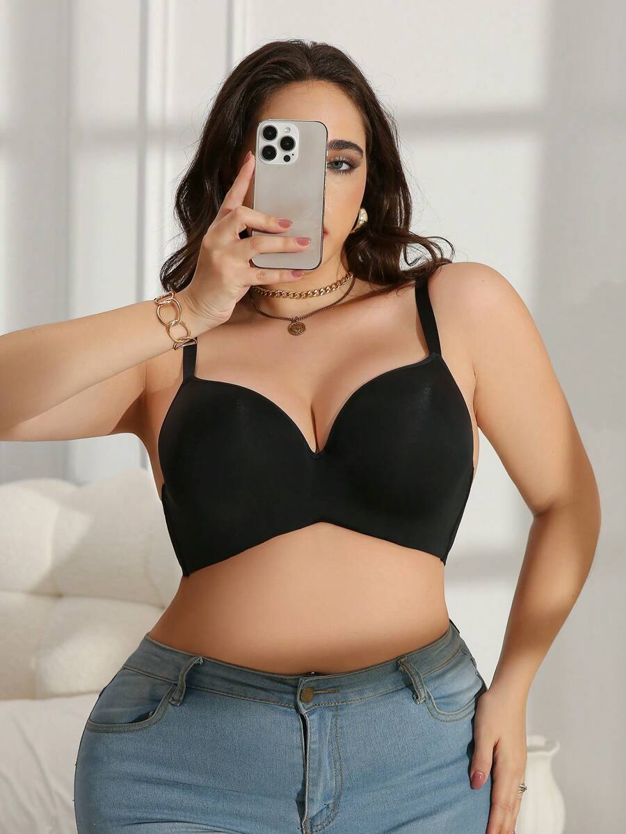 Plus Size Wire-Free Bra, Simple & Fashionable For Casual Daily Wear - Black - View 1