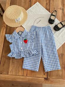 SHEIN LMoss Kids Baby Girl LMoss Cute Plaid Cap Sleeve Top And Pants Set, Summer
