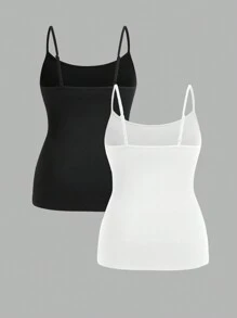 SHEIN Essnce 2 Packs Plus Size Women's Clothing Black And White Camisole,Elegant Sommar Smart Casual Everyday Versatile Basic Comfortable Long Curv Base Tops - Black and White - View 2