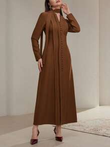 Modelyn Women's Solid Color Front Button Closure Minimalist Long Sleeve Maxi Abaya Dress Long Evening Dresses - Rust Brown - View 6