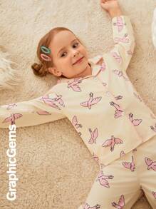 Young Girls' Cartoon Print Lapel Long Sleeve Cute Pajama Set, Suitable For Loungewear - Baby Pink - View 8