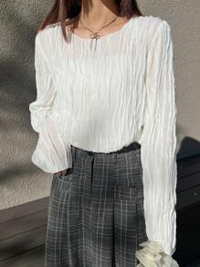 FRIFUL Women's White Loose Fit Round Neck Blouse, Textured Fabric Long Sleeve Top